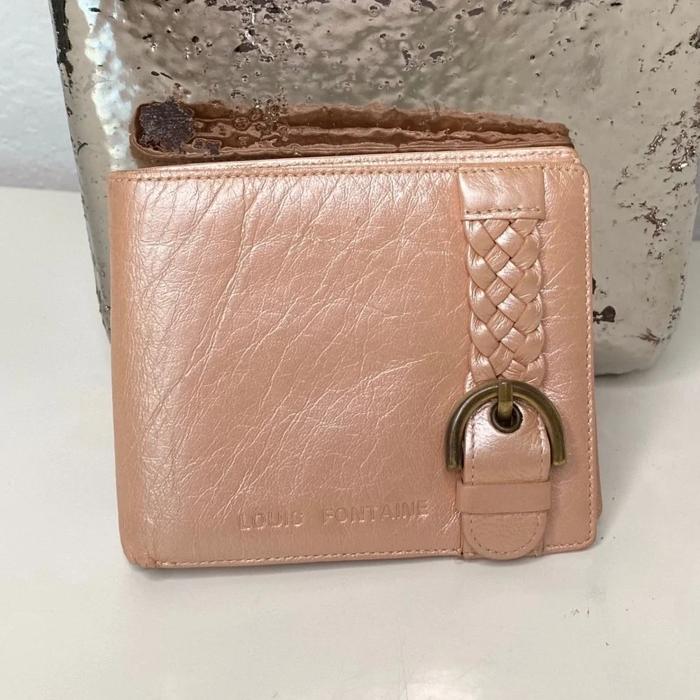 Vintage Louis Fontaine Leather Wallet Braided Accent Pale‎ Pink Fold Over